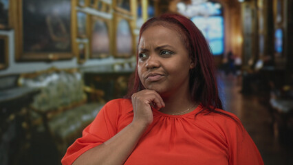 Woman with furrowed brow touches chin while examining art among classical paintings in a museum interior; doubt.