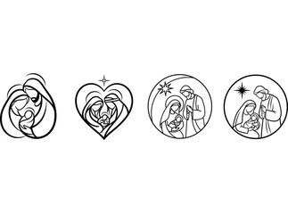 set of four holy family nativity scenes in different shapes, vector illustration © Vectm