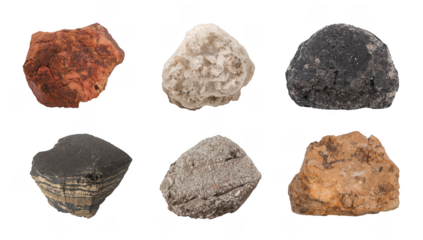 Collection of six colorful rocks isolated on transparent background, ideal for geological study