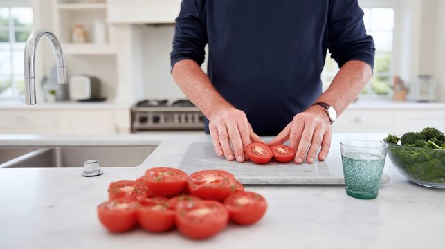 Man preparing fresh vegetable salad in modern kitchen, promoting healthy lifestyle, wellness, and nutritious homemade meal concept