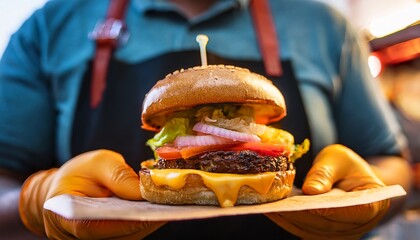 a vibrant street food vendor serving a freshly made cheeseburger showcasing a deliciously assembled burger with melting cheese and a variety of fresh toppings