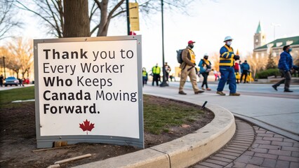 Inspiring sign thanks essential workers keeping Canada moving forward with Canadian flag symbol, showcasing community appreciation during challenging times.