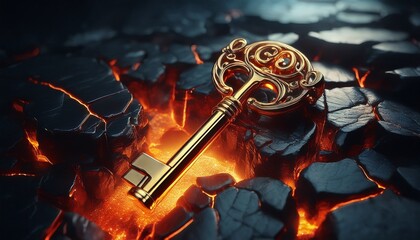 a dramatic close up of a broken golden key in cracked black stone with glowing lava