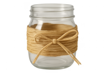Empty glass jar with raffia bow, rustic craft decoration