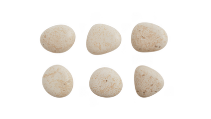 Six beige stones are arranged on a white surface, creating a simple and clean composition isolated on transparent background