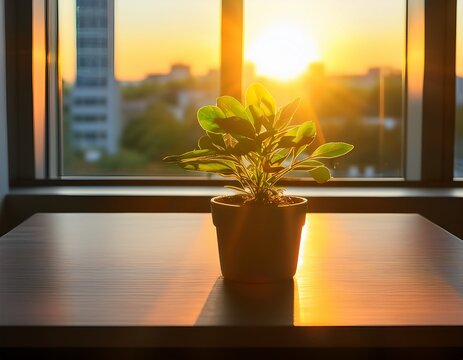 sunrise illuminates a small potted plant on an office desk windowsill indoor desktop