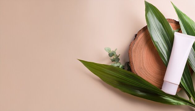composition from the natural materials and cosmetics tube near it copy space for text or design can be used as advertising banner pastel colors mockup concept