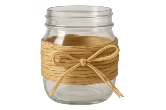 Empty glass jar with raffia bow, rustic craft decoration