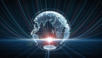 Digital globe with glowing lines and data streams against a dark background earth