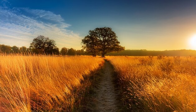 golden hour path through a field of tall grass leading to trees