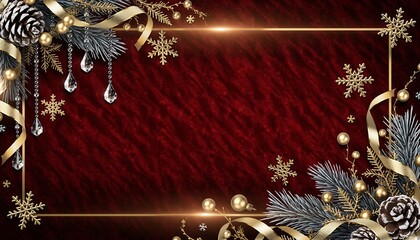 Festive Christmas border with pine branches, golden ornaments, snowflakes, and ribbons