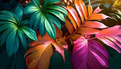 vibrant green pink and orange tropical leaves lush foliage sunlight dappled shadows exotic plants botany