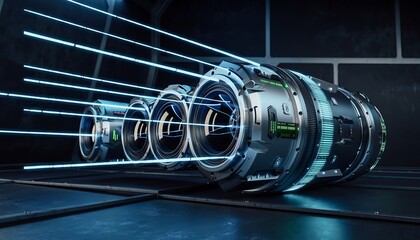 Futuristic Energy Generator with Glowing Blue Beams in Sci-Fi Industrial Setting