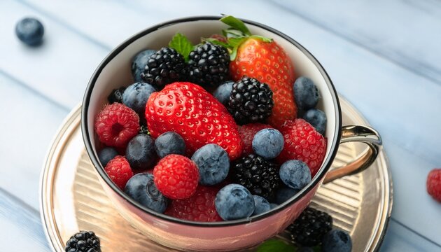delicious and refreshing mixed berry cup with strawberries raspberries blueberries and blackberries - Powered by Adobe