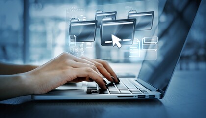 Person typing on laptop with digital file folders overlay access archive
