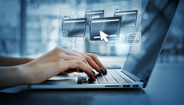 Person typing on laptop with digital file folders overlay access archive