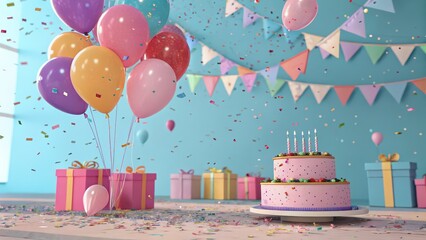 Joyful birthday celebration with colorful balloons, festive decorations, and a beautiful cake, creating a vibrant party atmosphere for any special occasion.
