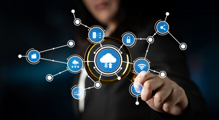 A business professional explores data connections and cloud technology using a digital interface, highlighting the importance of innovation and connectivity in modern solutions. Crux