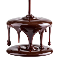Melting chocolate drips, forming glossy, flowing layers of dark delight