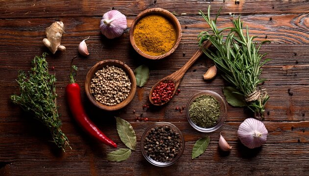 rustic wooden table with scattered ingredients herbs and spices fresh flat lay