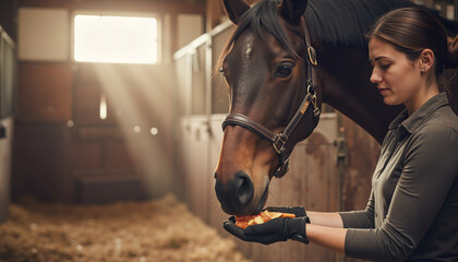 Woman feeding horse inside barn with soft lighting and straw floor  