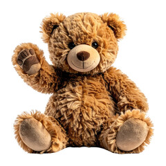 Fluffy brown bear waving, sitting, and looking forward in a studio