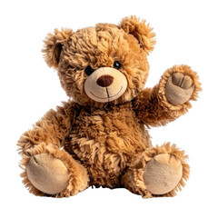 Fluffy teddy bear sitting with one paw raised in a friendly wave