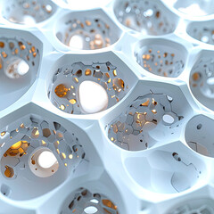Abstract cellular structure with golden interior light and smooth, white walls