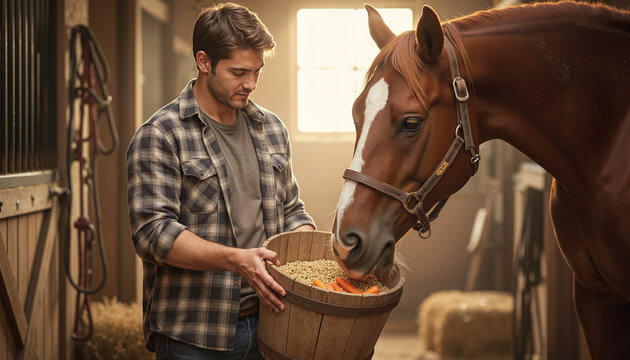 Man feeding horse with grains in barn during daylight hours - Powered by Adobe