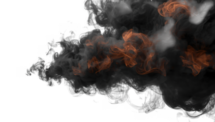 Menacing cloud of dark smoke with fiery orange highlights drifting across a transparent background isolated on transparent background