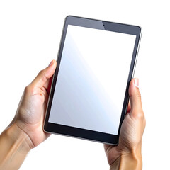 Hands holding a tablet device against a black backdrop with blank screen