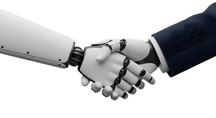 A robot and a human hand are shaking hands, symbolizing collaboration and future technology