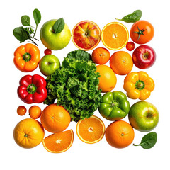 Colorful medley of fresh fruits and vegetables on a black background