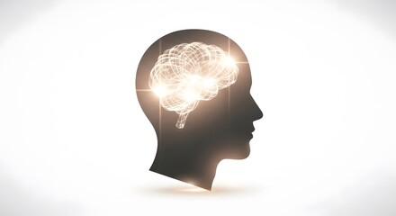 An abstract human head silhouette with a shining brain