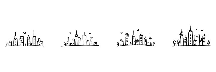 City Skyline Line Icon Set In Doodle Style. Urban Landscape, Architecture, And Cityscape Outline Sketch Collection. Hand Drawn Isolated Vector Illustration