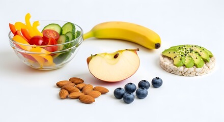 A colorful assortment of healthy snacks. Included are an apple slice, blueberries, almonds, vegetables, a banana, and a rice cake with avocado.