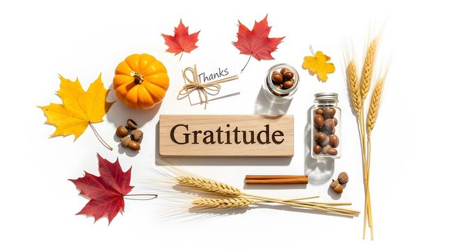 A visual display of Thanksgiving elements arranged to celebrate gratitude, featuring pumpkins, maple leaves, and a wooden sign