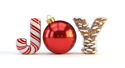 Festive holiday word JOY with ornament and candy cane elements, bringing holiday greetings and cheerful vibe.