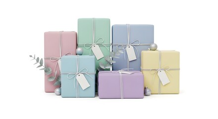 A collection of colorful wrapped gifts tied with ribbons and tags. This presents a charming and festive scene, perfect for occasions