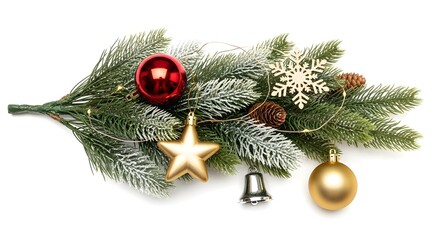 Festive Christmas decorations on a green fir branch, exuding holiday cheer and seasonal vibes