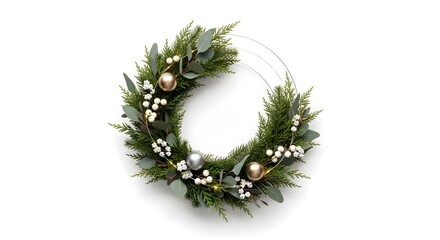 A festive Christmas wreath adorned with ornaments and foliage, creating a cheerful atmosphere. The wreath contains green leaves and silver/golden ornaments