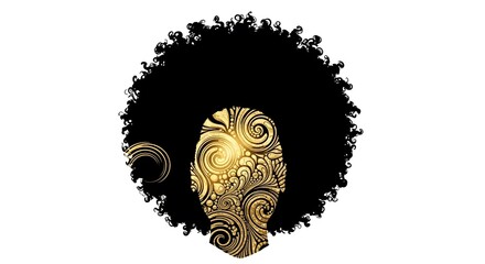 An artistic depiction of a woman with a natural afro hairstyle. The woman's face is adorned with golden intricate patterns, showcasing a unique and striking visual