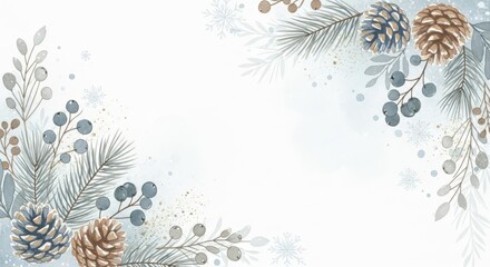 Winter wonderland corner border with pine branches, pinecones, and frosted berries, set against a soft white background for festive design