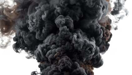 Dense cloud of dark smoke billowing upwards isolated on transparent background for composites
