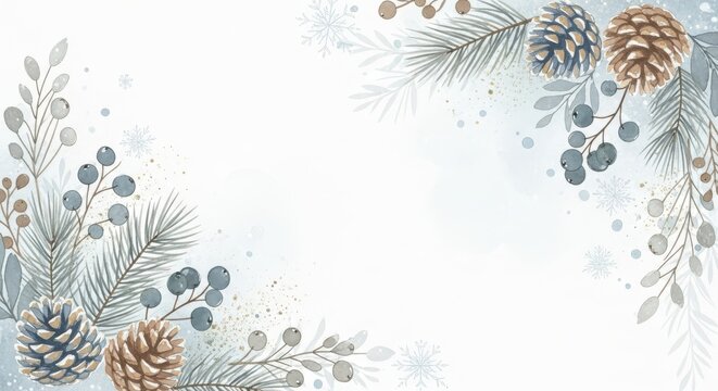 Winter wonderland corner border with pine branches, pinecones, and frosted berries, set against a soft white background for festive design - Powered by Adobe