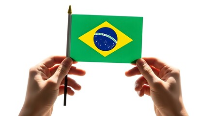 A pair of hands holding a Brazilian flag against a bright background, representing patriotism and national pride