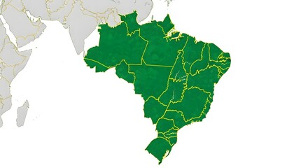 Brazil map illustration: Detailed map of Brazil, with highlighted green regions, indicating geographical focus