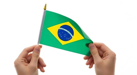 A person holding a Brazilian flag in their hands, the flag gently waving in the breeze