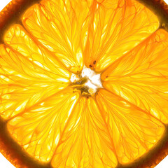 Translucent orange slice with vibrant detail, backlit by bright light