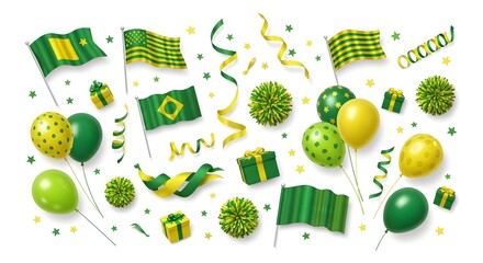Festive decorations with green and yellow elements, including flags, balloons and gift boxes